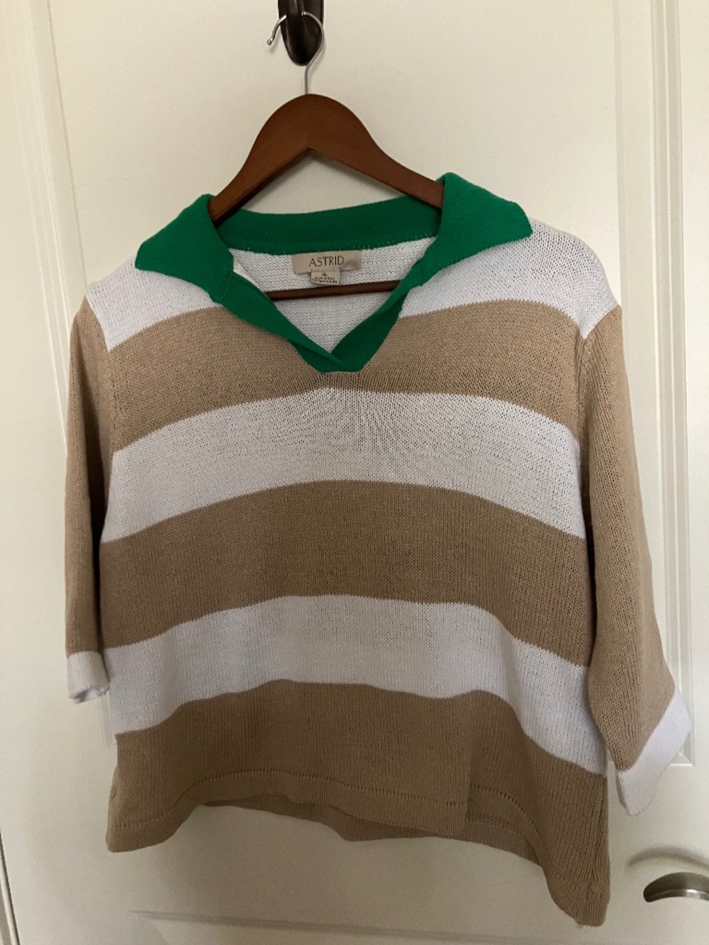 Astrid Tan and White Striped Cropped Polo Sweater with kelly green collar.